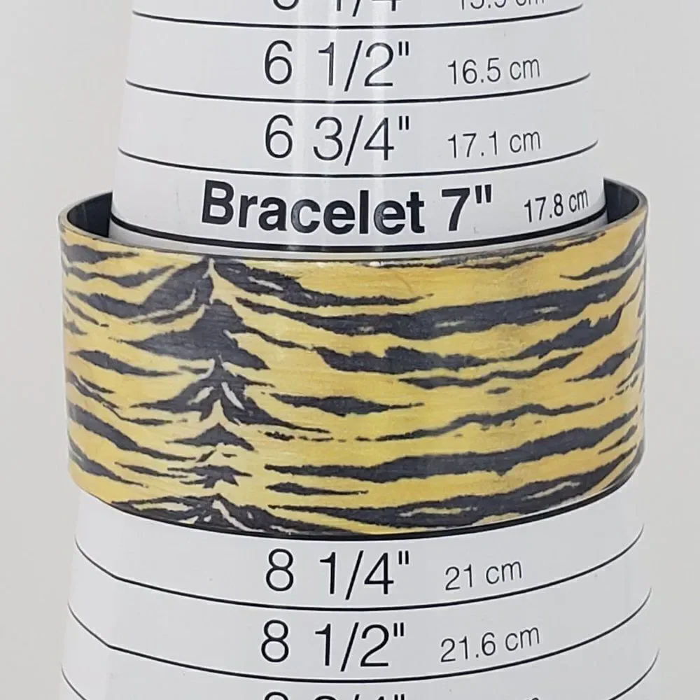 Yellow Black Tiger Stripe Glitter‎ Enamel Metal Cuff Statement Wide Bracelet